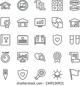 Thin Line Icon Set - no laptop vector, contract, statistic monitor, plant label, blood test vial, heart diagnostic, shield, medical calendar, warehouse, application, sertificate, wine card, flag