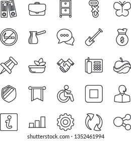 Thin Line Icon Set - no smoking vector, disabled, gear, office binder, drawing pin, shovel, butterfly, diet, hook, shield, dialog, stop button, update, bar graph, phone, support, archive box, salad