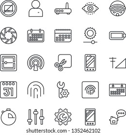 Thin Line Icon Set - no laptop vector, mobile phone, term, camera, tuning, user, stopwatch, scanner, calendar, brightness, cut, eye id, fingerprint, cellular signal, battery, root setup, wireless
