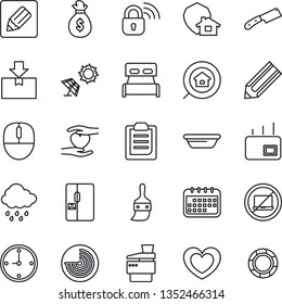 Thin Line Icon Set - no laptop vector, radar, mouse, pencil, rain, heart, hand, package, themes, notes, clipboard, clock, copier, mail, estate search, bedroom, fridge, bowl, knife, wireless lock