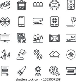 Thin Line Icon Set - no laptop vector, waiting area, credit card, passport, pedestal, office binder, saw, container, heavy scales, route, cell phone, speaker, presentation board, desk lamp, target