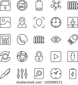 Thin Line Icon Set - no laptop vector, male, document search, pen, fence, navigation, share, low battery, play button, gallery, tuning, calculator, clock, network, download, lock, face id, eye