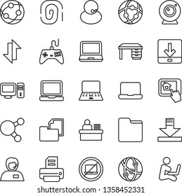 Thin Line Icon Set - no laptop vector, desk, notebook pc, printer, support, folder document, gamepad, network, share, data exchange, download, manager, web camera, home control app, fingerprint