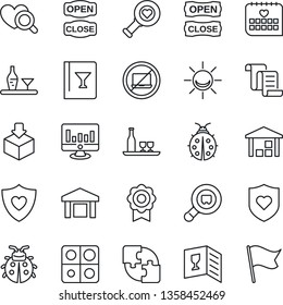 Thin Line Icon Set - no laptop vector, contract, statistic monitor, lady bug, heart diagnostic, shield, medical calendar, warehouse, package, search cargo, application, sertificate, alcohol, flag