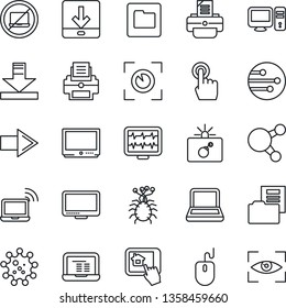 Thin Line Icon Set - no laptop vector, bomb in case, wireless notebook, right arrow, mouse, pc, printer, monitor pulse, virus, tv, touch screen, share, network, folder, download, document, eye scan