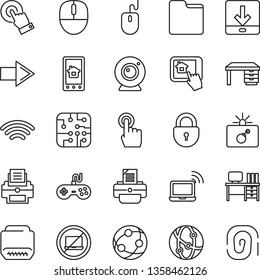Juego de iconos de línea delgada: sin vector de portátil, bomba en caso, portátil inalámbrico, flecha derecha, bloqueo, ratón, escritorio, impresora, gamepad, red, pantalla táctil, hdmi, carpeta, descarga, chip, cámara web, huella digital
