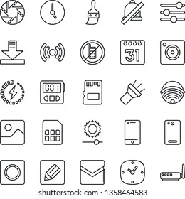 Thin Line Icon Set - no mobile vector, cell phone, back, camera, gallery, tuning, themes, clock, stopwatch, mail, record, sd, sim, calendar, notes, download, torch, mute, brightness, charge, router