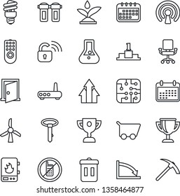 Thin Line Icon Set - no mobile vector, chip, wireless lock, remote control, irrigation, water heater, router, filter, energy saving bulb, trash bin, door, windmill, arrow up graph, crisis, calendar