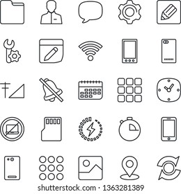 Thin Line Icon Set - no laptop vector, mobile phone, term, back, menu, message, gallery, settings, user, clock, stopwatch, sd, folder, notes, wireless, mute, place tag, cellular signal, charge