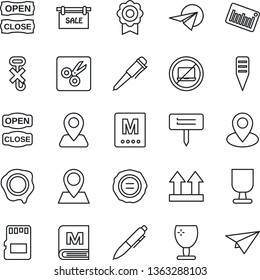 Thin Line Icon Set - no laptop vector, pen, stamp, plant label, navigation, pin, fragile, up side sign, hook, barcode, sd, cut, sertificate, sale, menu, open close, paper plane