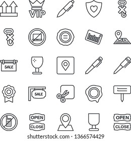 Thin Line Icon Set - no mobile vector, laptop, vip, pen, stamp, plant label, heart shield, navigation, pin, fragile, up side sign, hook, barcode, cut, place tag, sertificate, sale, open close