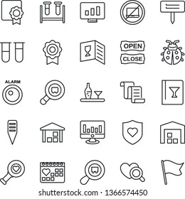 Thin Line Icon Set - no laptop vector, contract, statistic monitor, lady bug, plant label, blood test vial, heart diagnostic, shield, medical calendar, warehouse, search cargo, sertificate, alcohol