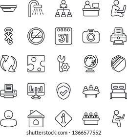 Thin Line Icon Set - no smoking vector, globe, shower, hierarchy, meeting, manager place, statistic monitor, house, patient, hook, shield, camera, update, calendar, root setup, printer, bedroom