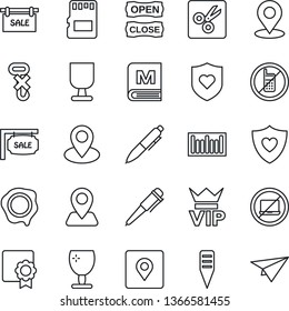 Thin Line Icon Set - no mobile vector, laptop, vip, pen, stamp, plant label, heart shield, navigation, pin, fragile, hook, barcode, sd, cut, place tag, sertificate, sale, menu, open close