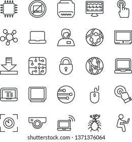 Thin Line Icon Set - no laptop vector, wireless notebook, lock, mouse, pc, monitor pulse, virus, support, tv, network, touch screen, share, hdmi, download, chip, web camera, eye scan, man with