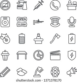 Thin Line Icon Set - no laptop vector, reception, clouds, boarding, manager place, factory, pencil, circle chart, axe, syringe, traffic light, clapboard, flame disk, microphone, speaker, battery