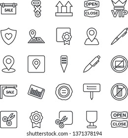 Thin Line Icon Set - no mobile vector, laptop, vip, pen, stamp, plant label, heart shield, navigation, fragile, up side sign, hook, barcode, cut, place tag, sertificate, sale, open close