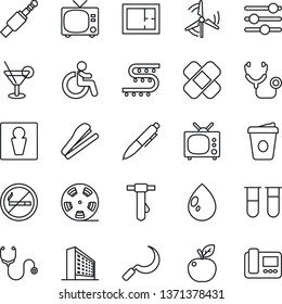 Thin Line Icon Set - no smoking vector, male, tv, disabled, office building, pen, tie, coffee, water drop, sickle, drip irrigation, stethoscope, blood test vial, patch, reel, jack connector, tuning