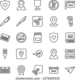 Thin Line Icon Set - no mobile vector, laptop, plant label, heart shield, navigation, pin, fragile, hook, barcode, sd, cut, place tag, sertificate, pen, sale, menu, open close, paper plane