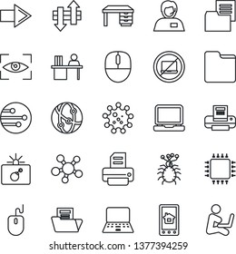 Thin Line Icon Set - no laptop vector, bomb in case, right arrow, mouse, desk, notebook pc, printer, virus, support, folder document, network, share, data exchange, manager, chip, home control app
