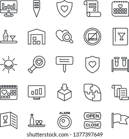 Thin Line Icon Set - no laptop vector, contract, statistic monitor, plant label, blood test vial, heart diagnostic, shield, medical calendar, package, application, warehouse, alcohol, wine card