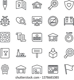Thin Line Icon Set - no laptop vector, contract, statistic monitor, lady bug, plant label, blood test vial, heart diagnostic, shield, medical calendar, warehouse, package, search cargo, application