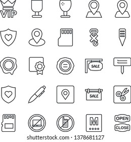 Thin Line Icon Set - no mobile vector, laptop, vip, pen, stamp, plant label, heart shield, navigation, pin, fragile, hook, sd, cut, place tag, sertificate, sale, menu, open close