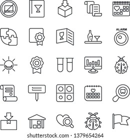 Thin Line Icon Set - no laptop vector, contract, statistic monitor, lady bug, plant label, blood test vial, heart diagnostic, medical calendar, warehouse, package, search cargo, application, alcohol