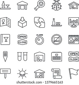 Thin Line Icon Set - no laptop vector, statistic monitor, contract, lady bug, plant label, blood test vial, heart diagnostic, medical calendar, warehouse, package, application, alcohol, wine card