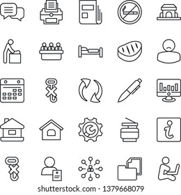 Thin Line Icon Set - no smoking vector, baby room, bed, hierarchy, pen, meeting, statistic monitor, patient, folder document, hook, dialog, update, calendar, root setup, news, printer, copier, house