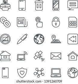 Thin Line Icon Set - no laptop vector, wireless notebook, lock, mail, pen, printer, heart shield, navigation, earth, satellite, news, cell phone, touch screen, pc, share, chain, rewind, mobile, back