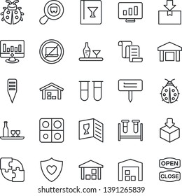 Thin Line Icon Set - no laptop vector, contract, statistic monitor, lady bug, plant label, blood test vial, heart shield, warehouse, package, search cargo, application, alcohol, wine card
