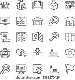 Thin Line Icon Set - no laptop vector, statistic monitor, contract, lady bug, blood test vial, heart diagnostic, shield, medical calendar, warehouse, package, search cargo, application, sertificate