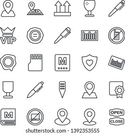 Thin Line Icon Set - no mobile vector, laptop, vip, pen, stamp, plant label, heart shield, navigation, pin, fragile, up side sign, barcode, sd, place tag, sertificate, menu, open close
