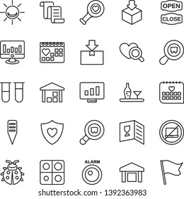 Thin Line Icon Set - no laptop vector, contract, statistic monitor, lady bug, plant label, blood test vial, heart diagnostic, shield, medical calendar, warehouse, package, search cargo, application