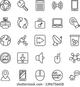 Thin Line Icon Set - no laptop vector, trash bin, bomb in case, mouse, printer, navigation, earth, satellite antenna, touch screen, pc, share, fast forward, mobile, update, network, download, key