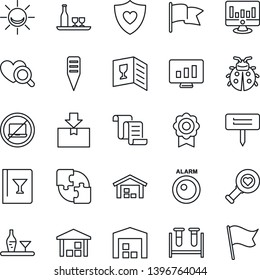Thin Line Icon Set - no laptop vector, contract, statistic monitor, lady bug, plant label, blood test vial, heart diagnostic, shield, warehouse, package, application, sertificate, alcohol, wine card