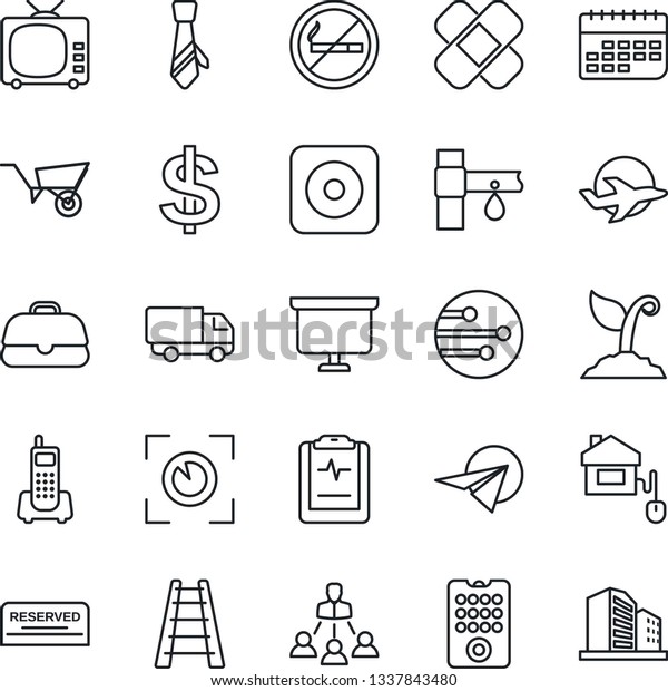 Thin Line Icon Set - no smoking vector, dollar\
sign, presentation board, ladder, wheelbarrow, sproute, drip\
irrigation, patch, pulse clipboard, plane, office phone, car\
delivery, term, tv,\
network