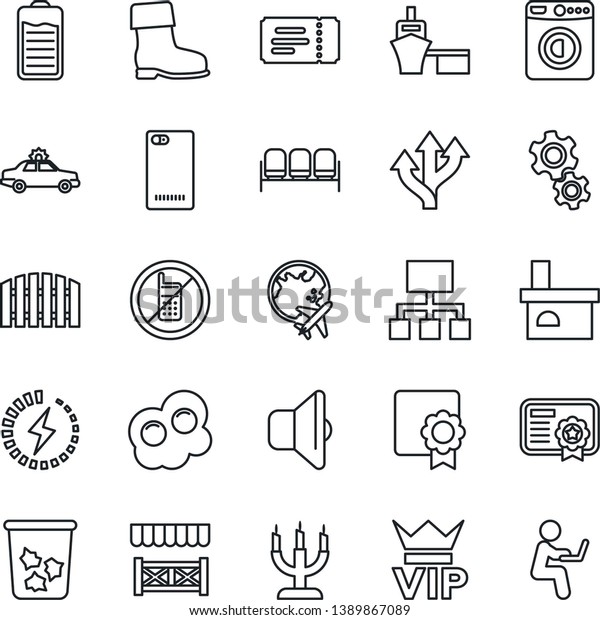 Thin Line Icon Set - no mobile vector, trash bin,\
waiting area, vip, ticket, alarm car, washer, plane globe, boot,\
fireplace, route, sea port, battery, phone back, charge,\
sertificate, fence,\
candle