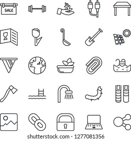 Thin Line Icon Set - notebook pc vector, shovel, axe, caterpillar, barbell, earth, tulip, chain, rca, gallery, lock, paper clip, book, pool, sun panel, sale, table, bathroom, wine card, salad, ladle