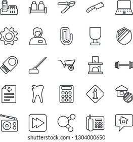 Thin Line Icon Set - notebook pc vector, wheelbarrow, pruner, hoe, fireplace, diagnosis, barbell, caries, support, fragile, shield, radio, share, fast forward, settings, paper clip, calculator
