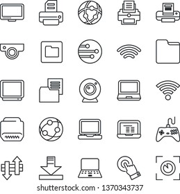 Thin Line Icon Set - notebook pc vector, printer, folder document, gamepad, tv, network, touch screen, monitor, laptop, hdmi, data exchange, download, wireless, web camera, eye scan