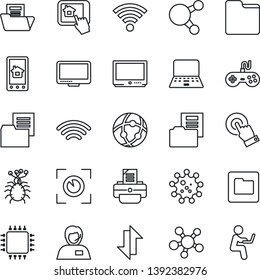 Thin Line Icon Set - notebook pc vector, printer, virus, support, folder document, gamepad, tv, touch screen, monitor, share, network, data exchange, wireless, chip, home control app, eye scan