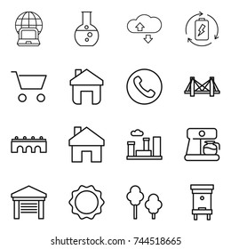 thin line icon set : notebook globe, round flask, cloude service, battery charge, cart, home, phone, bridge, city, coffee maker, garage, induction oven, trees, hive