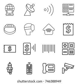 thin line icon set : notebook globe, satellite antenna, wireless, server, smart bracelet, virtual mask, home, receipt, mobile pay, bar code, calculator, spark plug, remote control, intercome