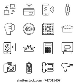thin line icon set : notebook connect, tap to pay, phone, smart watch, virtual mask, crypto currency, cpu, electrostatic, mobile, scales, calculator, atm, camera, remote control, intercome