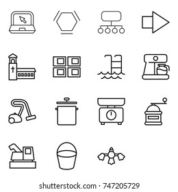 thin line icon set : notebook, hex molecule, structure, right arrow, church, panel house, pool, coffee maker, vacuum cleaner, pan, kitchen scales, hand mill, harvester, bucket