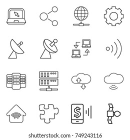 thin line icon set : notebook, molecule, globe connect, gear, satellite antenna, wireless, server, cloude service, cloud, home, puzzle, mobile pay