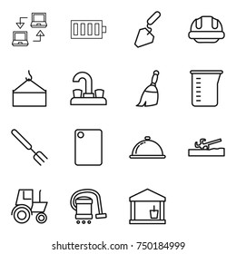 thin line icon set : notebook connect, battery, construction, building helmet, loading crane, water tap, broom, measuring cup, big fork, cutting board, meal cap, soil cutter, tractor, vacuum cleaner