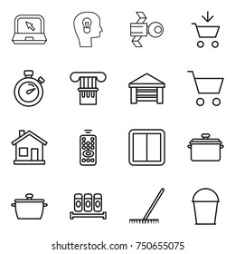 thin line icon set : notebook, bulb head, satellite, add to cart, stopwatch, column, garage, home, remote control, power switch, pan, spices, rake, bucket